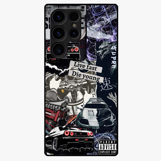 Die Young Glass Case showing flat back view with bold artistic typography design and glossy glass finish.