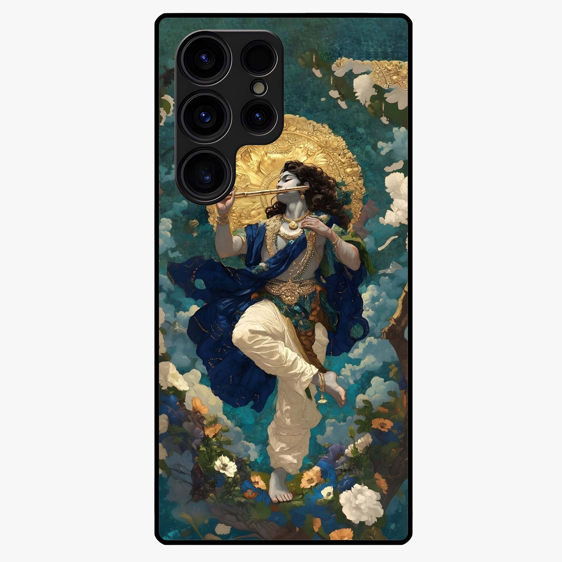 Divine Krishna Art Glass Case showing flat back view with Lord Krishna artwork and glossy glass finish.