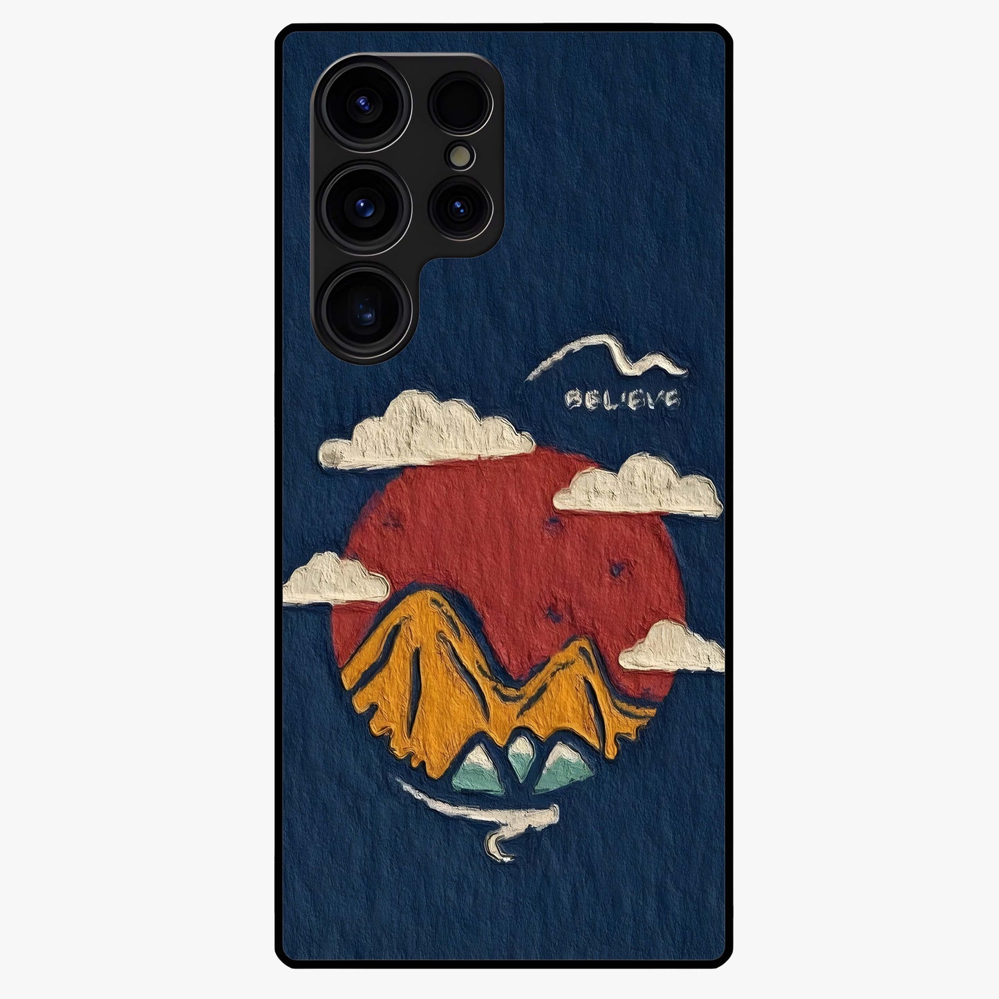 Dream Beyond Mountains Glass Case showing flat back view with scenic mountain landscape artwork and glossy glass finish.