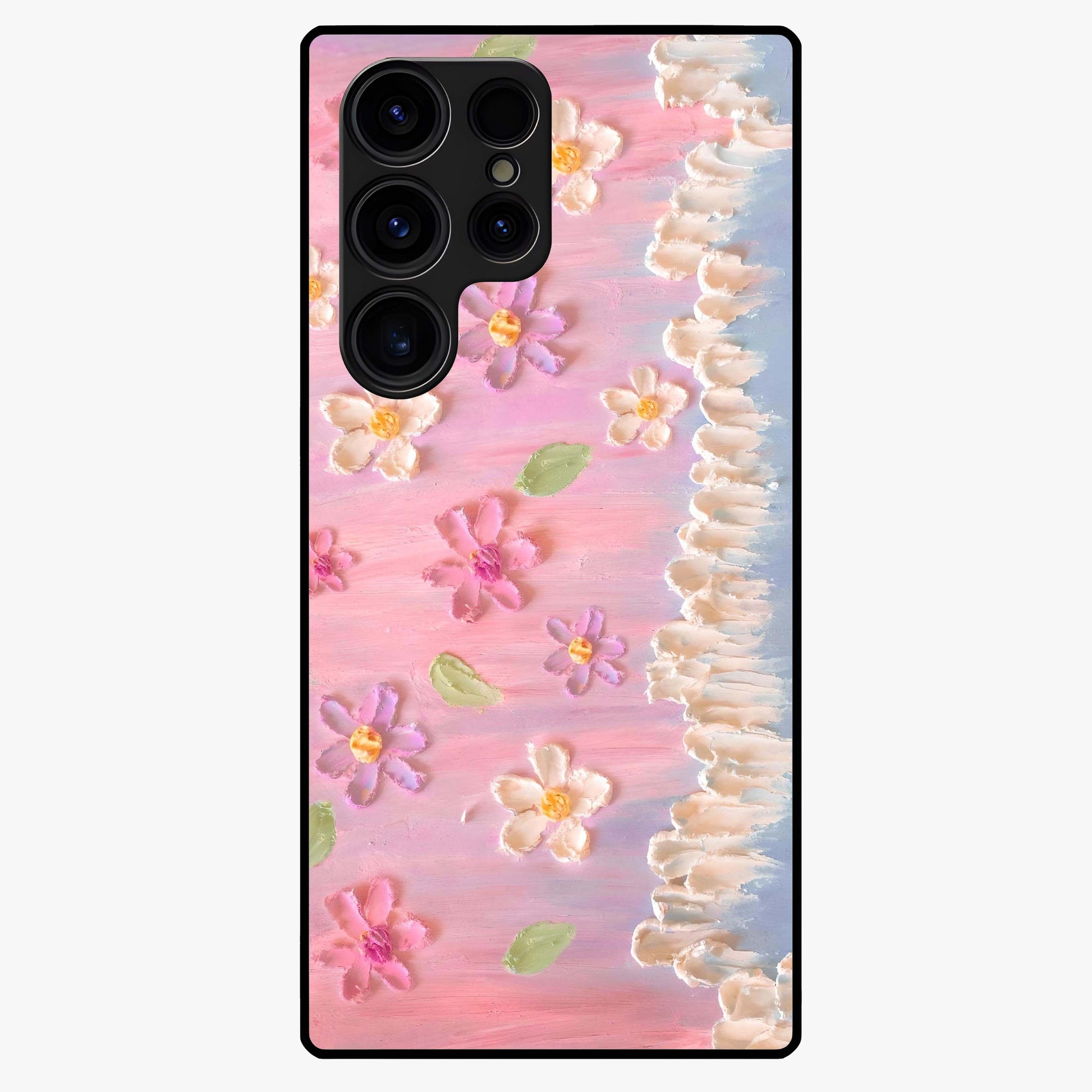 Dreamy Painted Garden Glass Case showing flat back view with artistic painted floral garden artwork and glossy glass finish.