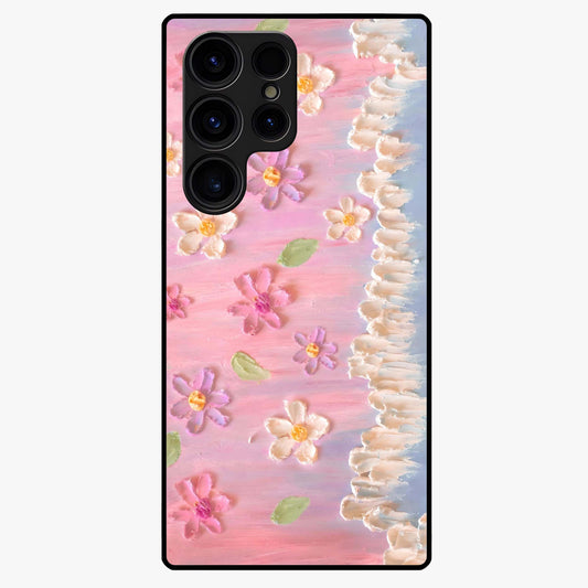 Dreamy Painted Garden Glass Case showing flat back view with artistic painted floral garden artwork and glossy glass finish.