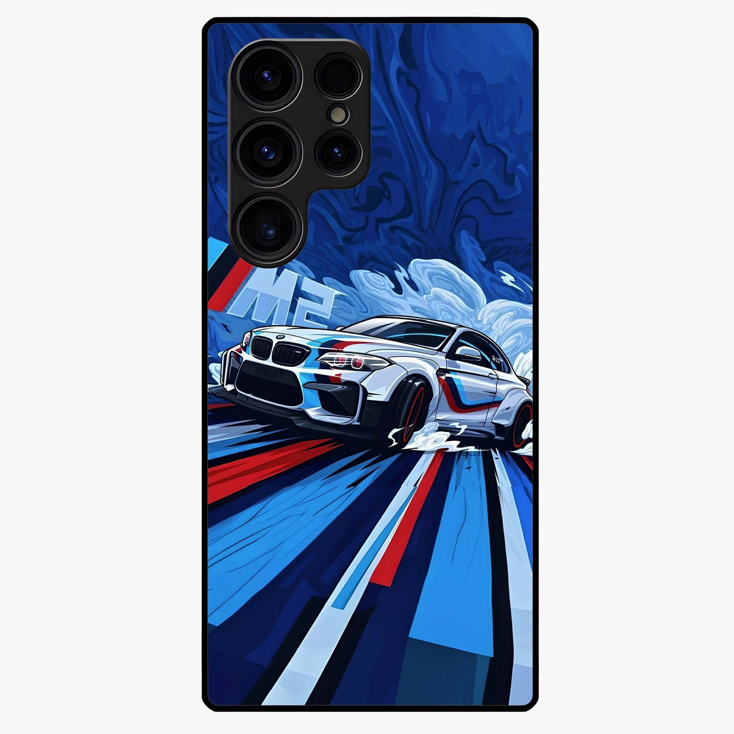 Drift Power Rush Glass Case showing flat back view with dynamic racing inspired artwork and glossy glass finish.