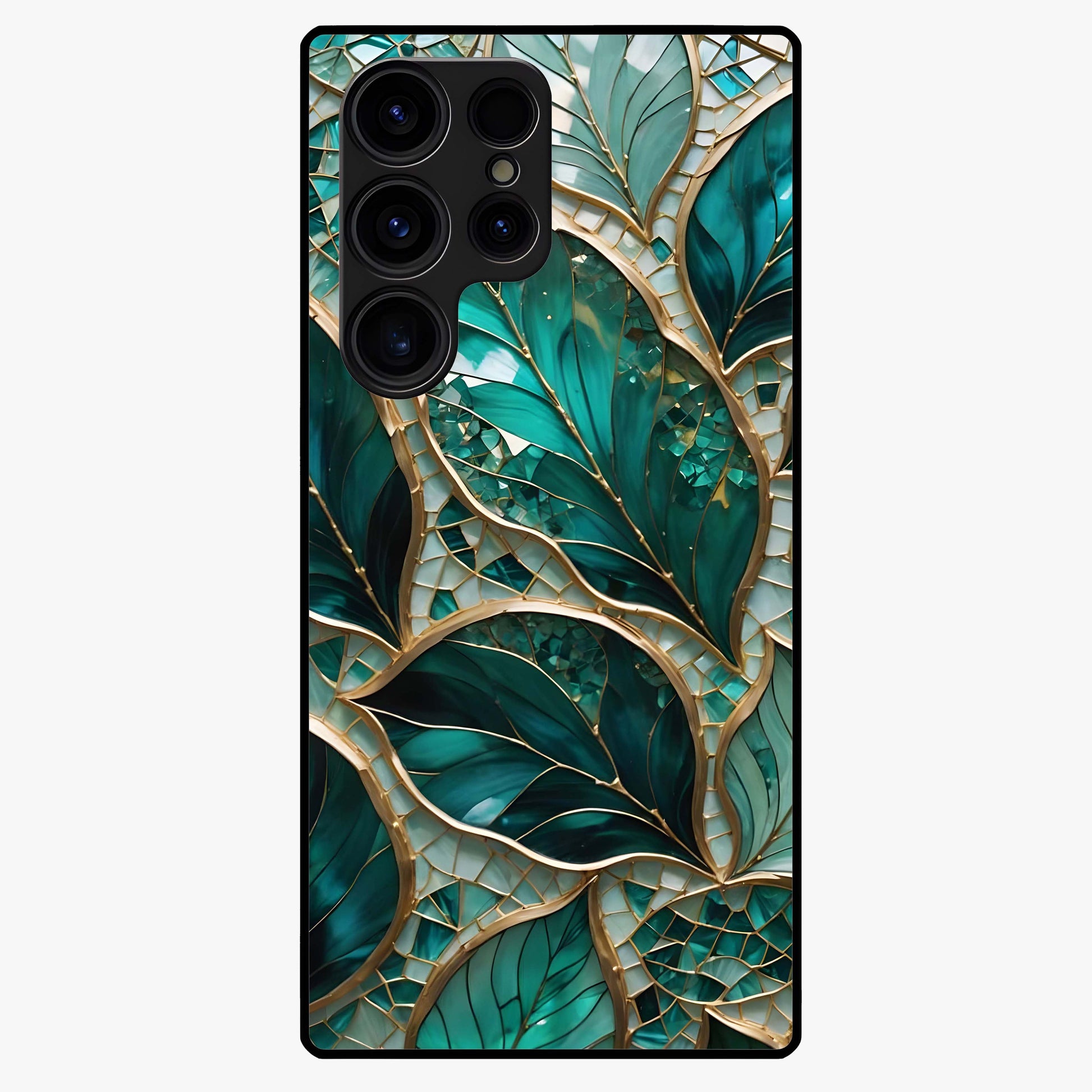 Emerald Leaf Glass Glass Case showing flat back view with emerald green leaf artwork and glossy glass finish.