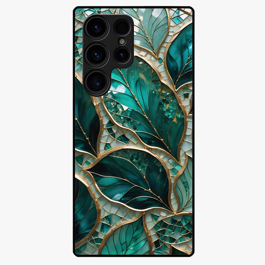 Emerald Leaf Glass Glass Case showing flat back view with emerald green leaf artwork and glossy glass finish.