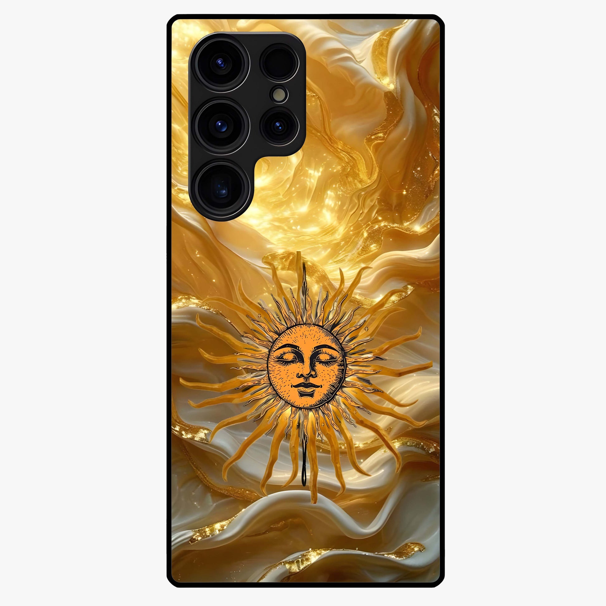 Eternal Golden Glow Glass Case showing flat back view with radiant golden themed artwork and glossy glass finish.