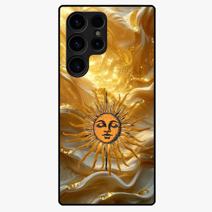 Eternal Golden Glow Glass Case showing flat back view with radiant golden themed artwork and glossy glass finish.