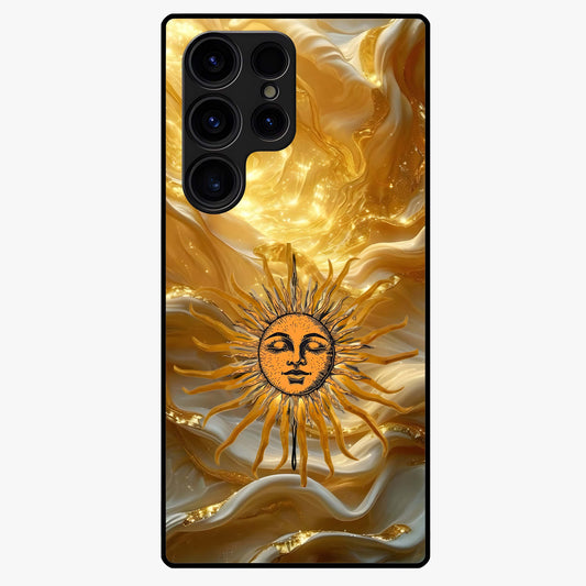 Eternal Golden Glow Glass Case showing flat back view with radiant golden themed artwork and glossy glass finish.