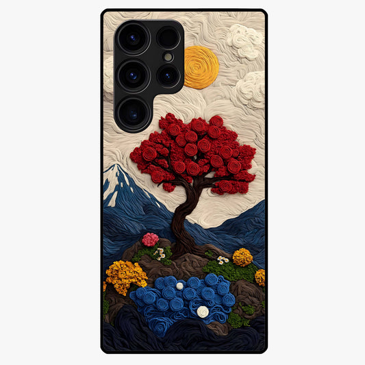 Eternal Nature Tapestry Glass Case showing flat back view with intricate nature tapestry artwork and glossy glass finish.