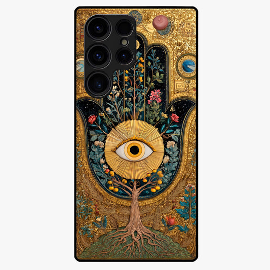 Ethereal Evil Eye Glass Case showing flat back view with mystical evil eye artwork and glossy glass finish.