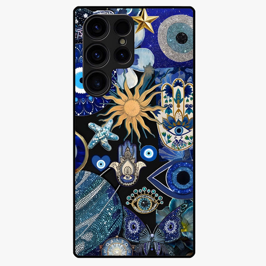 Evil Eye Charm Mix Glass Case showing flat back view with multiple evil eye charms artwork and glossy glass finish.