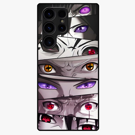 Eyes of Destiny Glass Case showing flat back view with striking eye themed artwork and glossy glass finish.