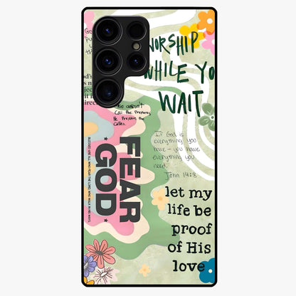 Faith Over Fear Glass Case showing flat back view with motivational typography artwork and glossy glass finish.