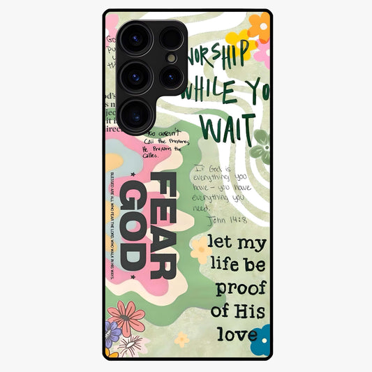 Faith Over Fear Glass Case showing flat back view with motivational typography artwork and glossy glass finish.
