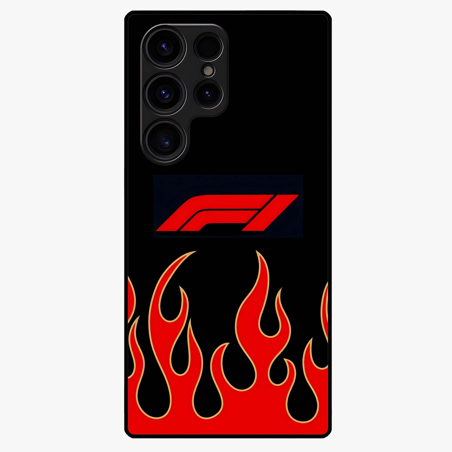 Fire F11 Glass Case showing flat back view with fiery themed artwork and glossy glass finish.