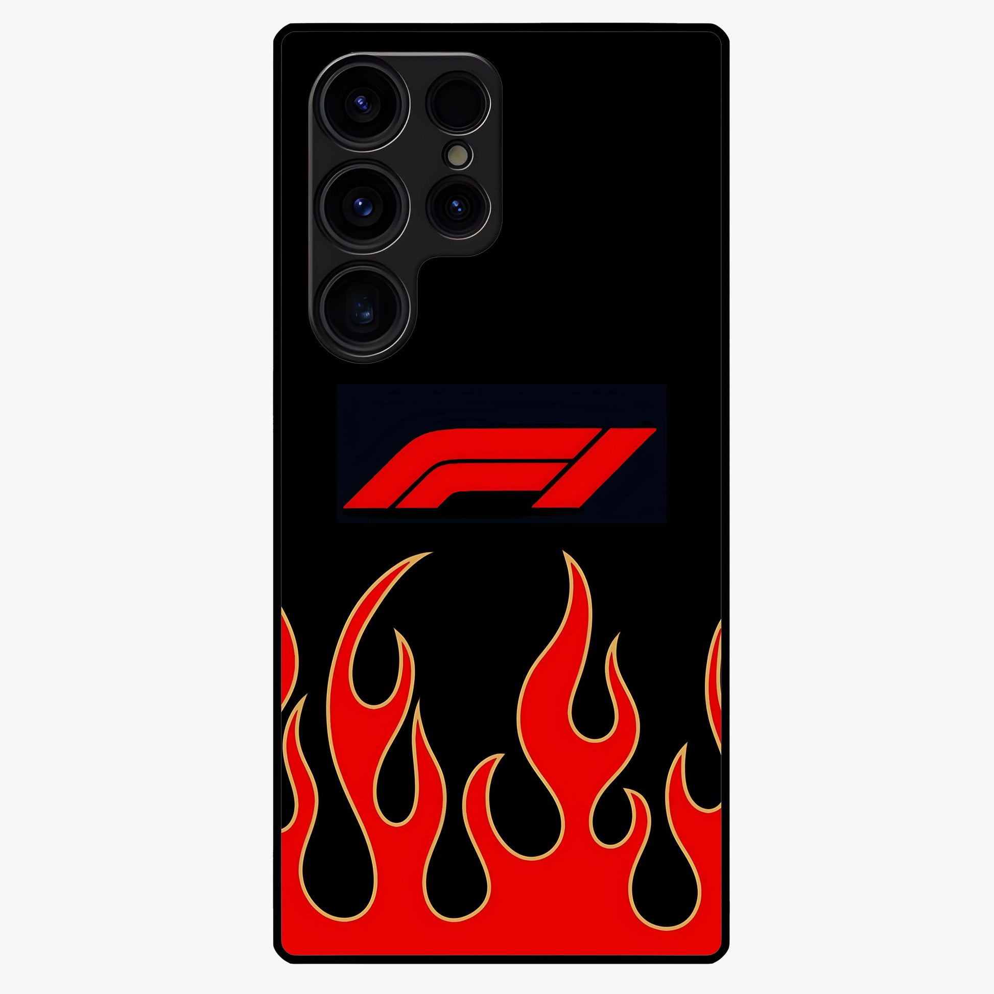 Fire F11 Glass Case showing flat back view with fiery themed artwork and glossy glass finish.