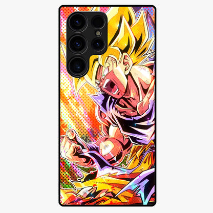 Firing Goku Glass Case showing flat back view with powerful anime inspired artwork and glossy glass finish.