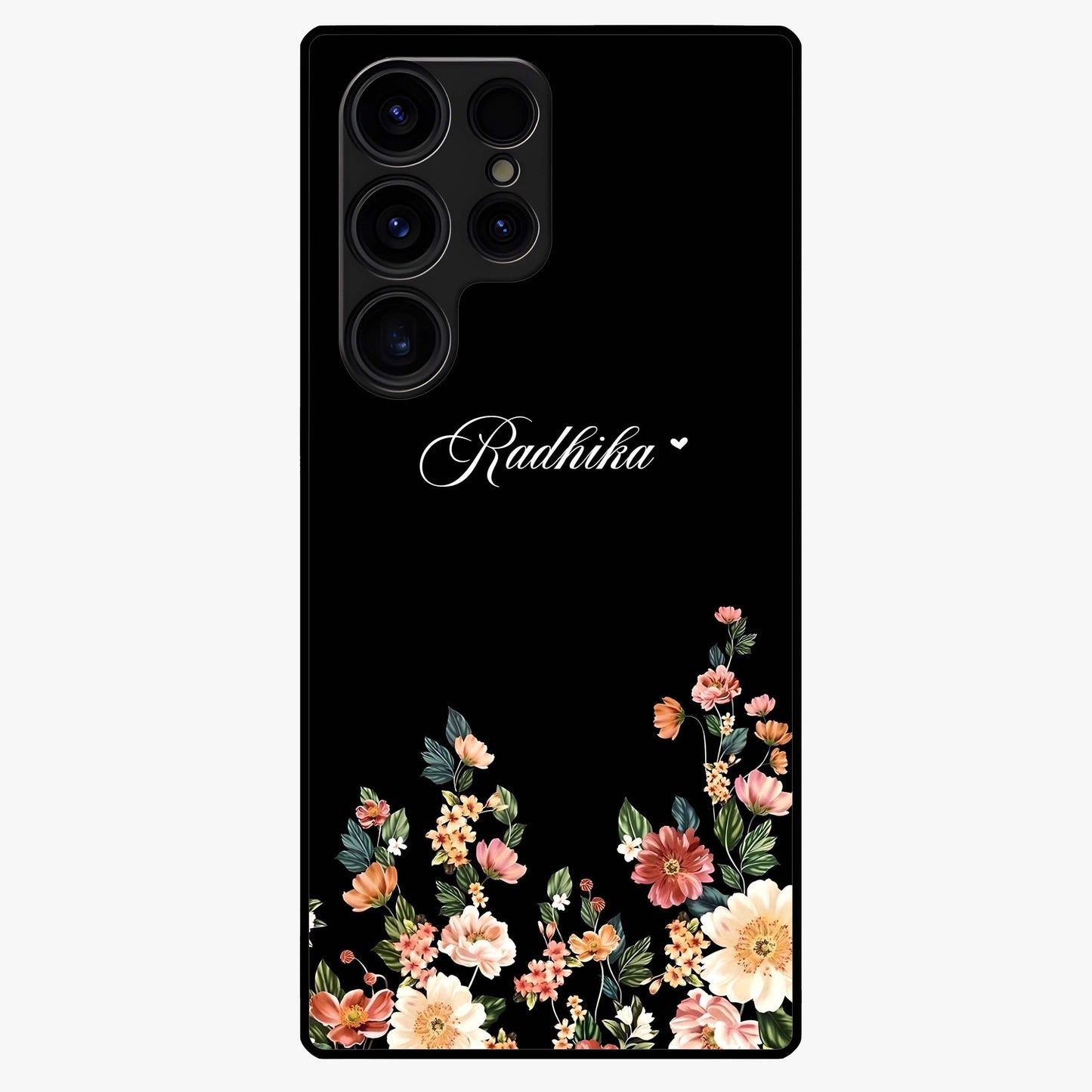 Floral Design With a Custom Personalized Name Glass Case showing flat back view with floral artwork and personalized name design.