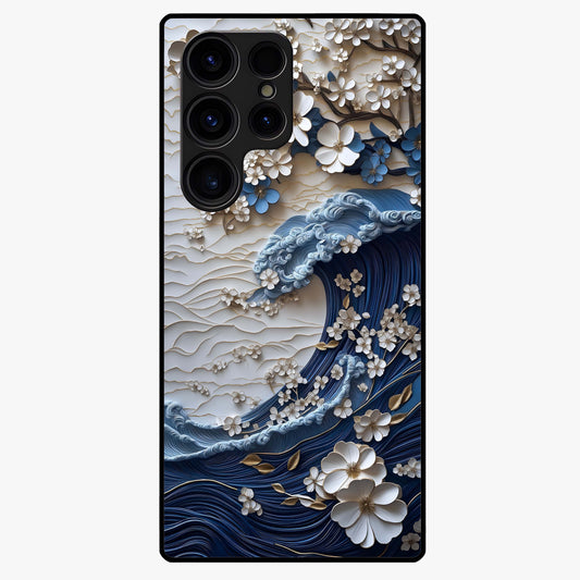 Floral Wave Origami Glass Case showing flat back view with origami inspired floral wave artwork and glossy glass finish.