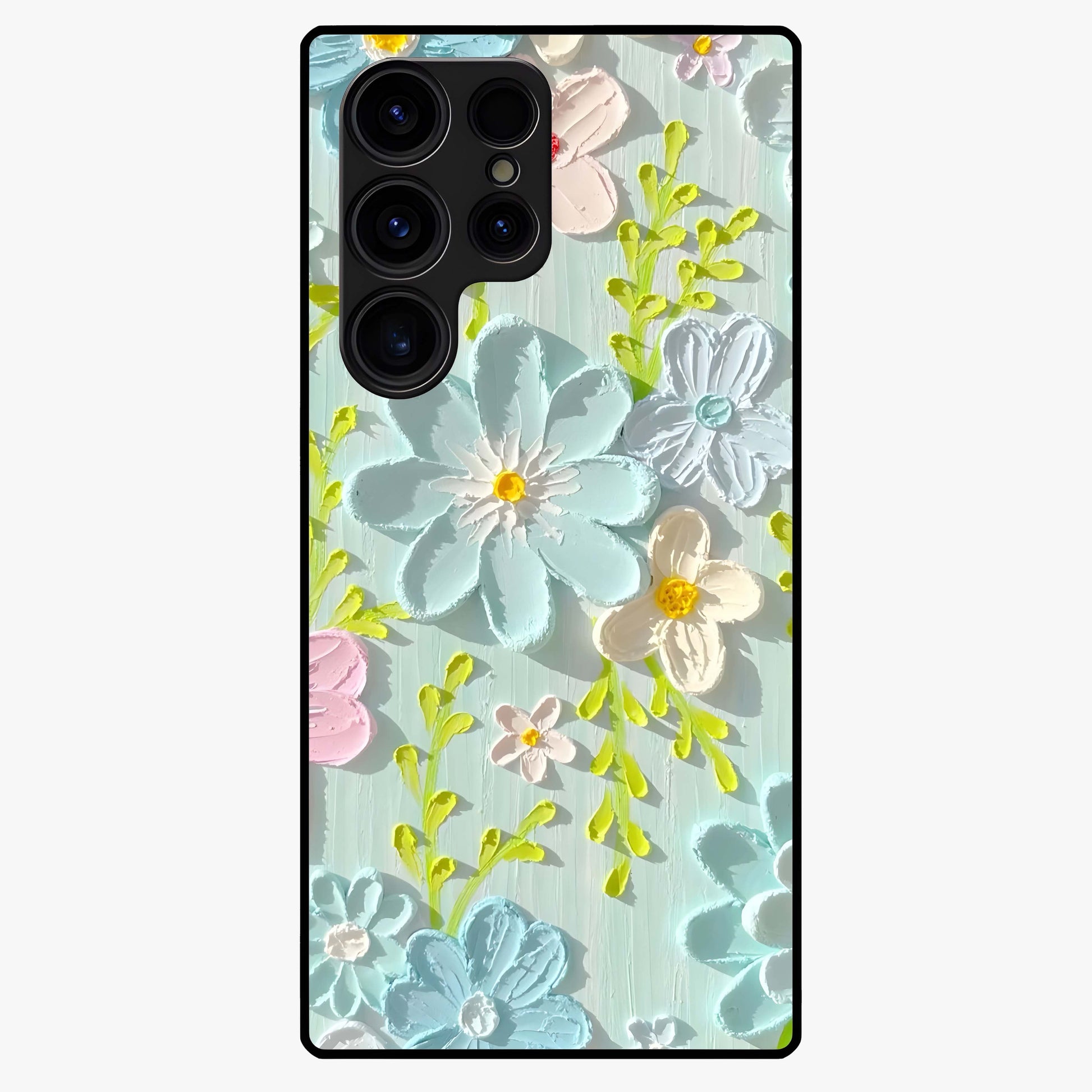Frosted Petal Garden Glass Case showing flat back view with soft frosted floral artwork and glossy glass finish.