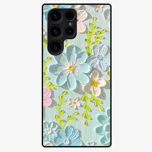 Frosted Petal Garden Glass Case showing flat back view with soft frosted floral artwork and glossy glass finish.