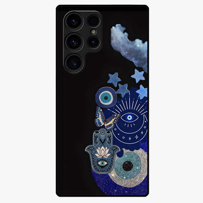Galactic Charm Cluster Glass Case showing flat back view with glowing celestial charm artwork and glossy glass finish.