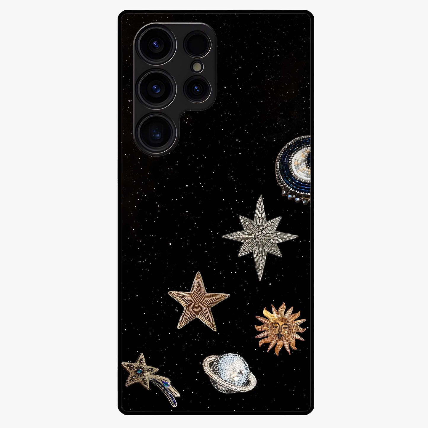 Galactic Charm Glow Glass Case showing flat back view with glowing celestial charm artwork and glossy glass finish.