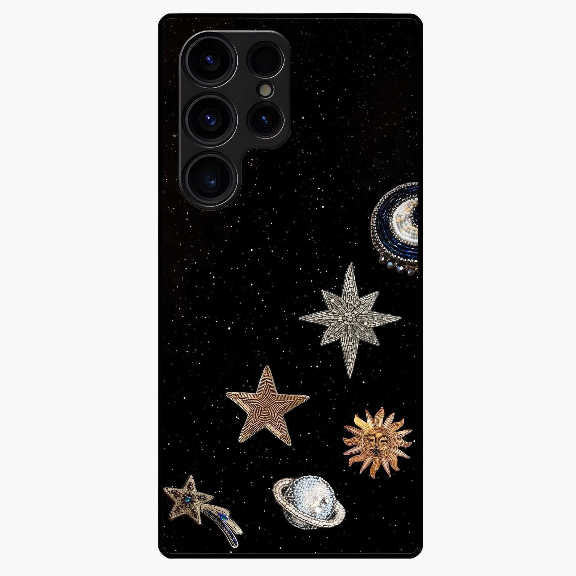 Galactic Charm Glow Glass Case showing flat back view with glowing celestial charm artwork and glossy glass finish.