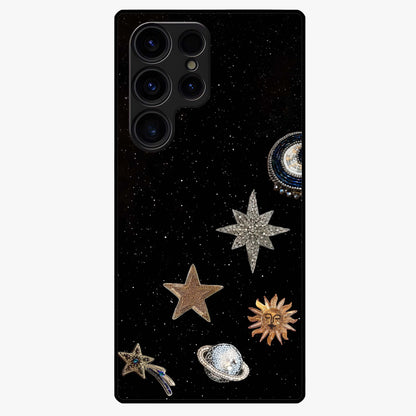Galactic Charm Glow Glass Case showing flat back view with glowing celestial charm artwork and glossy glass finish.