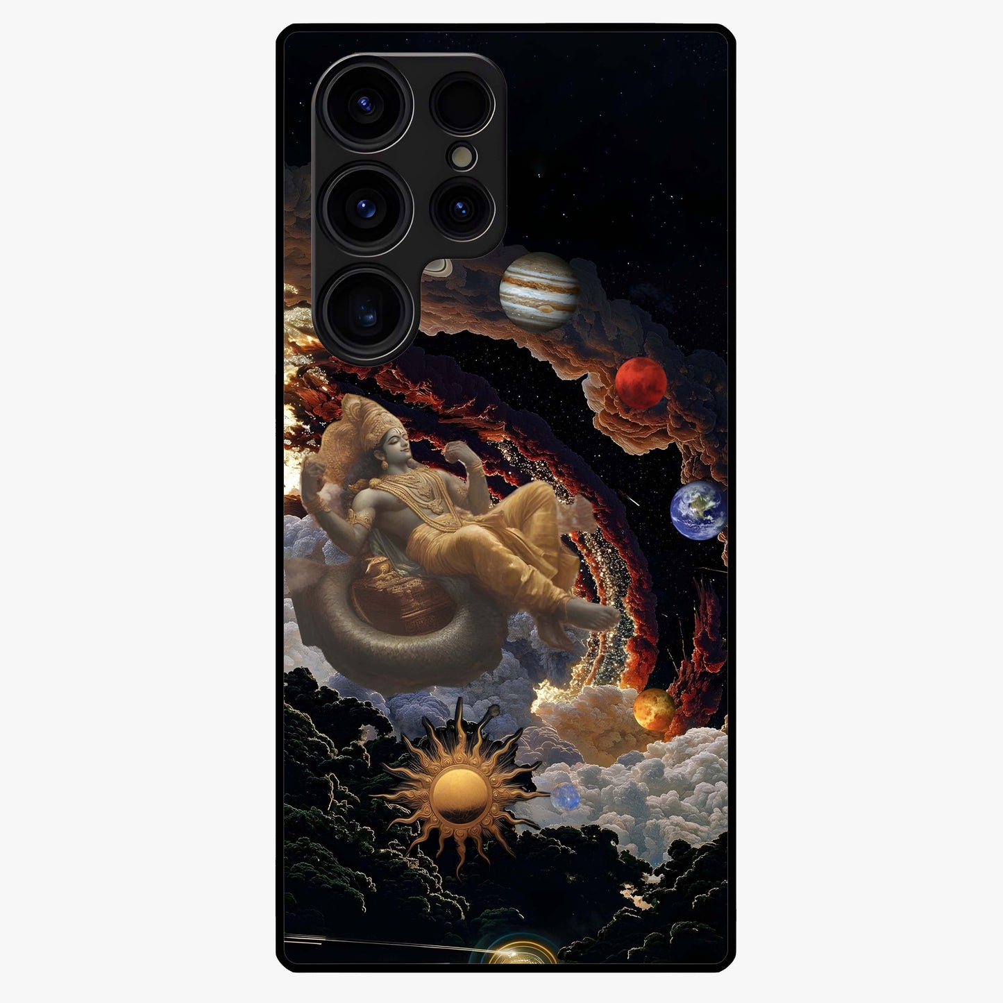 Galactic Divine God Glass Case showing flat back view with divine cosmic themed artwork and glossy glass finish.