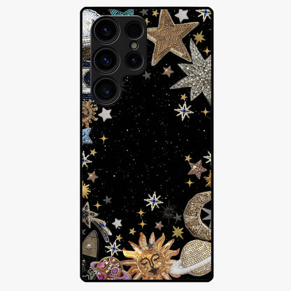 Galactic Jewel Stars Glass Case showing flat back view with sparkling star jewel artwork and glossy glass finish.