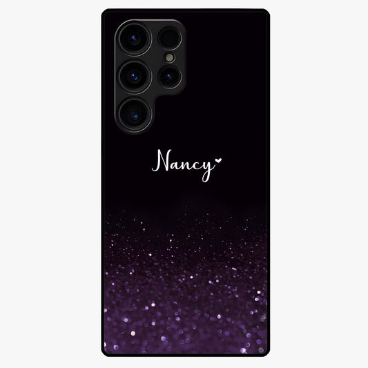 Glittery Purple Bokeh Custom Name Glass Case showing flat back view with purple bokeh sparkle artwork and personalized name design.
