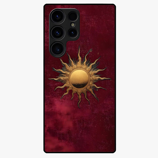 Gold Sun Blush Glass Case showing flat back view with golden sun inspired artwork and glossy glass finish.