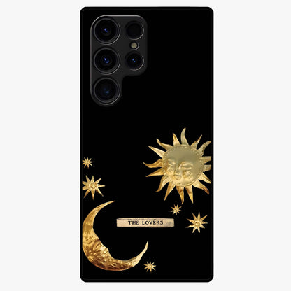 Golden Celestial Charm Glass Case showing flat back view with golden celestial charm artwork and glossy glass finish.