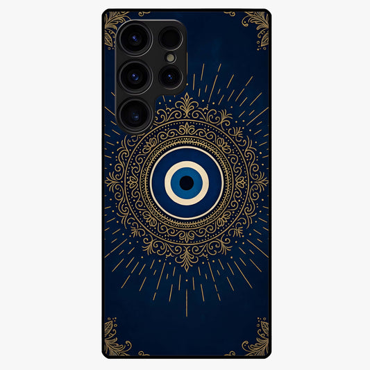 Golden Evil Eye Mandala Glass Case showing flat back view with intricate evil eye mandala artwork and glossy glass finish.