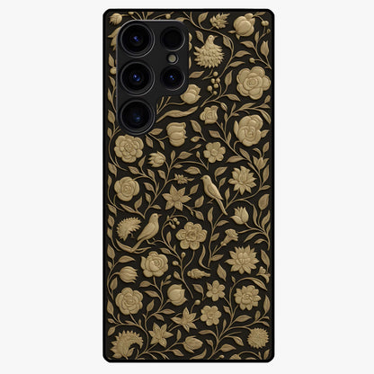 Golden Floral Majesty Glass Case showing flat back view with luxurious golden floral artwork and glossy glass finish.