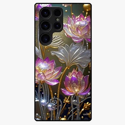 Golden Lotus Glow Glass Case showing flat back view with glowing lotus flower artwork and glossy glass finish.