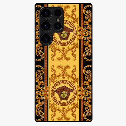 Golden Royal Heritage Glass Case showing flat back view with ornate royal pattern artwork and glossy glass finish.