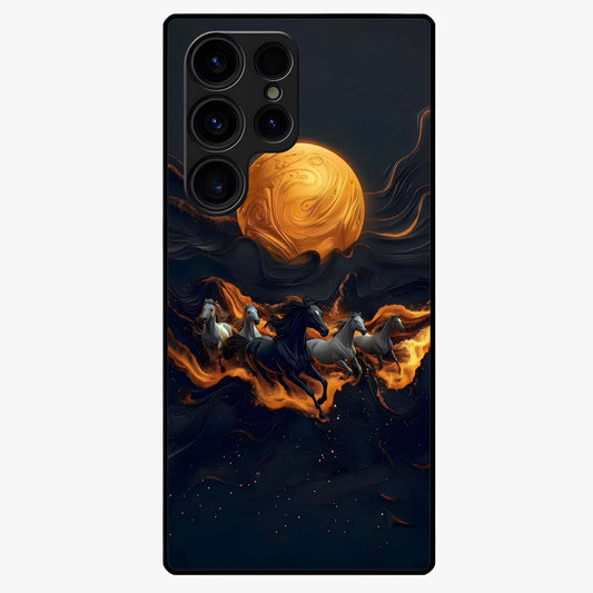 Golden Stallion Moonride Glass Case showing flat back view with majestic horse under moonlight artwork and glossy glass finish.
