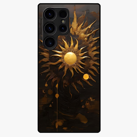 Golden Sun Majesty Glass Case showing flat back view with radiant golden sun artwork and glossy glass finish.