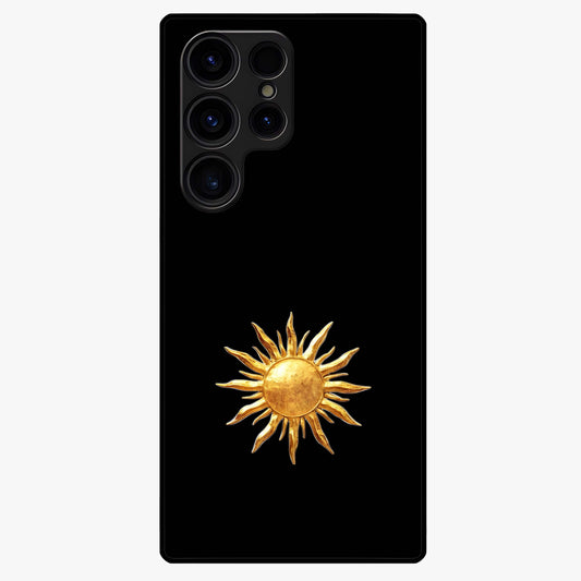 Golden Sun Minimalism Glass Case showing flat back view with minimal golden sun artwork and glossy glass finish.