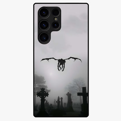 Graveyard Shadow Descent Glass Case showing flat back view with dark graveyard themed artwork and glossy glass finish.