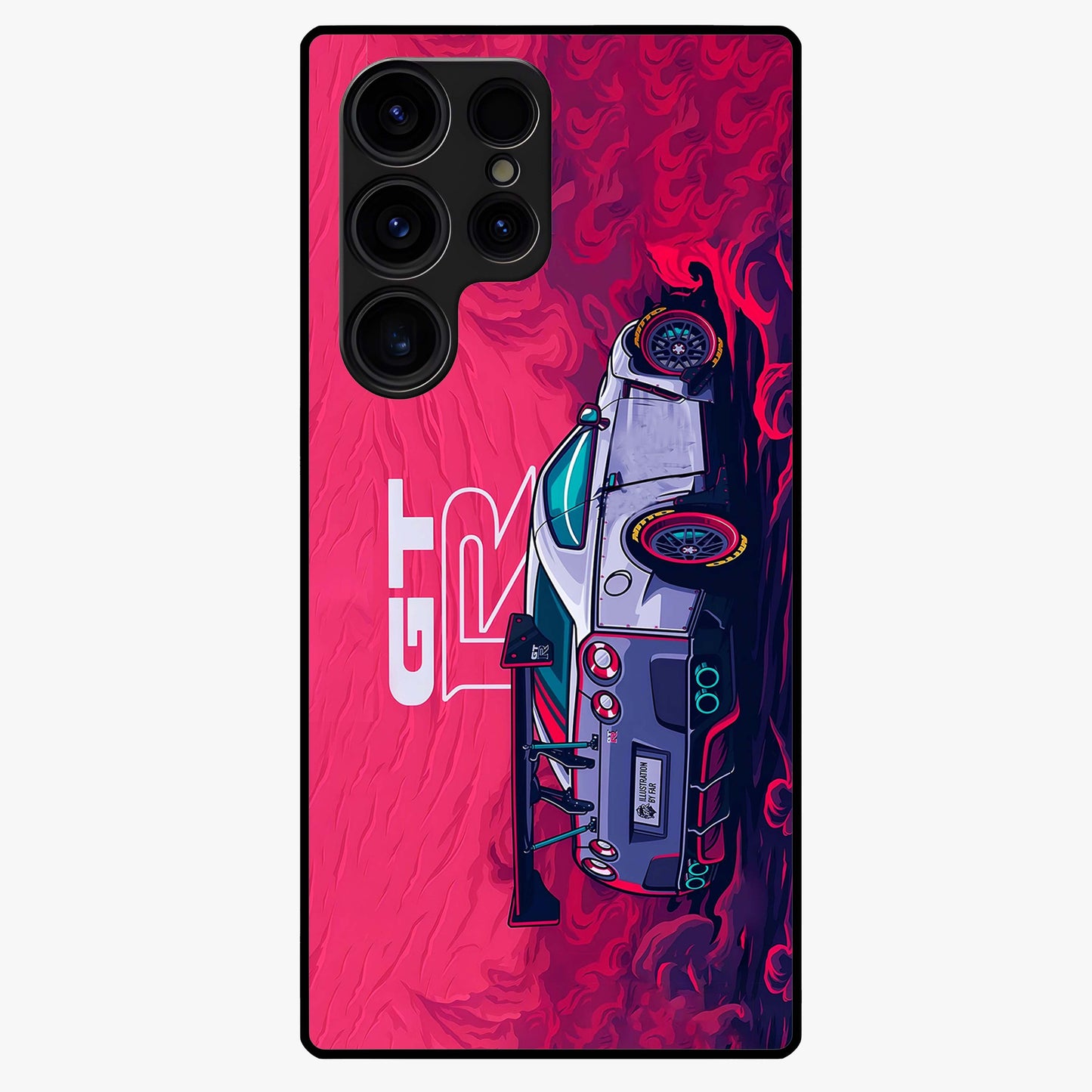 GT-R Car Pattern Glass Case showing flat back view with sporty car inspired pattern artwork and glossy glass finish.
