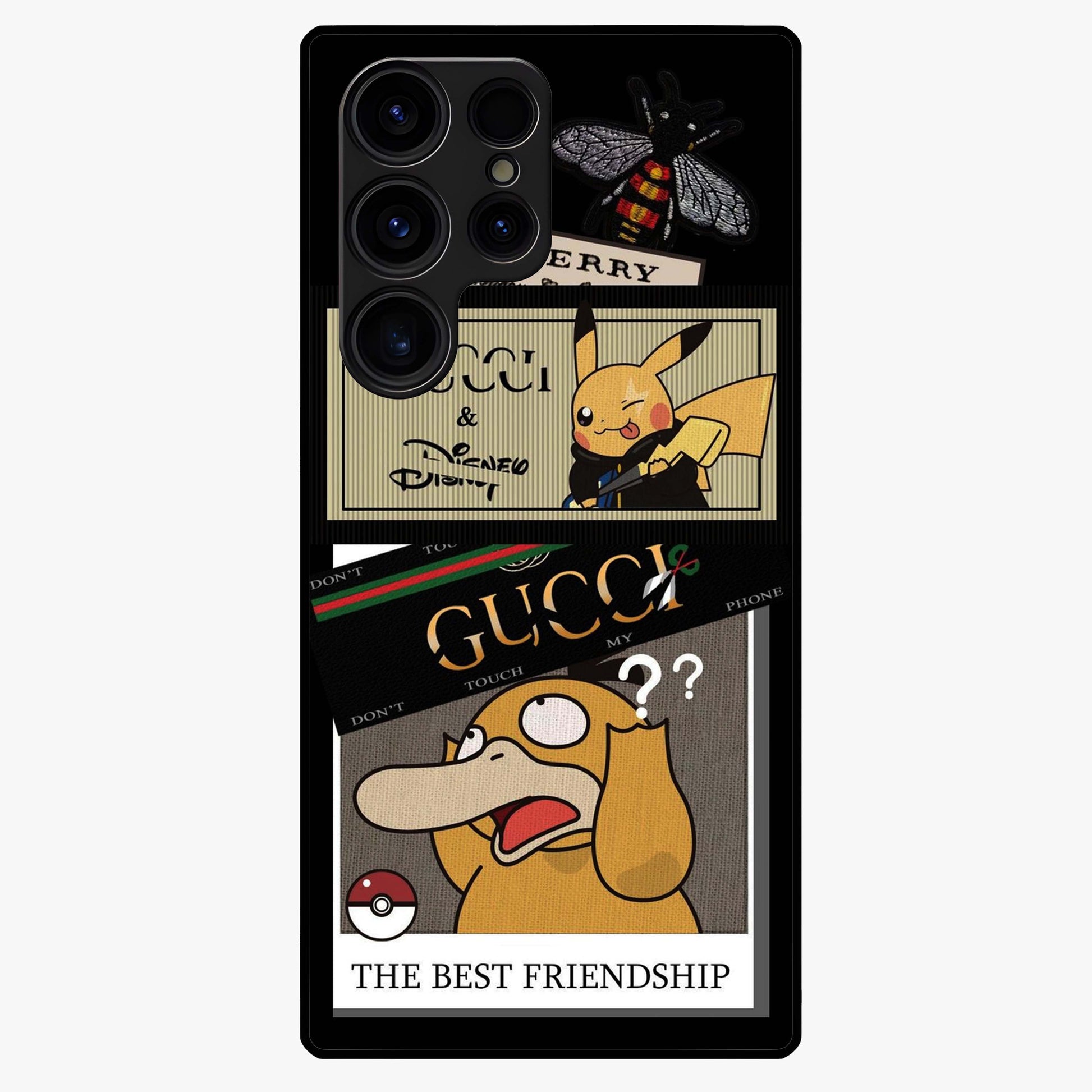 Gucci Play Mashup Glass Case showing flat back view with luxury inspired graphic artwork and glossy glass finish.