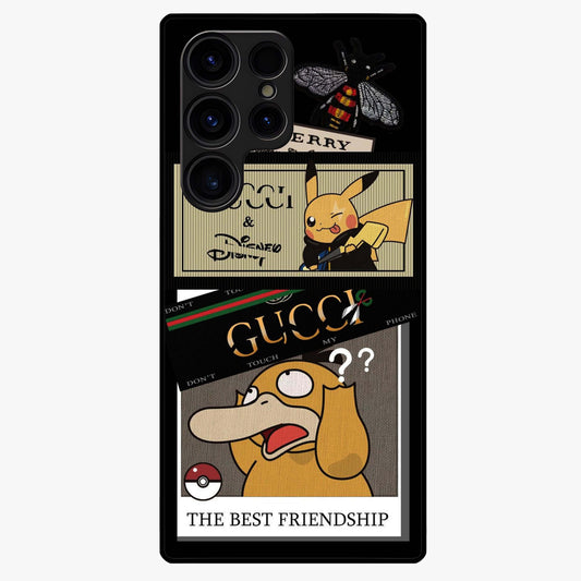 Gucci Play Mashup Glass Case showing flat back view with luxury inspired graphic artwork and glossy glass finish.