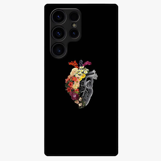 Heart With Flowers Glass Case showing flat back view with heart shaped floral artwork and glossy glass finish.