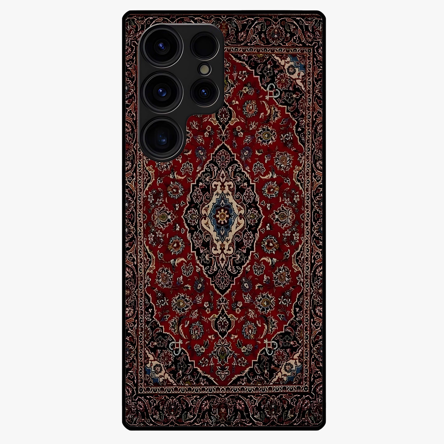 Heritage Carpet Royale Glass Case showing flat back view with ornate Persian carpet inspired pattern and glossy glass finish.