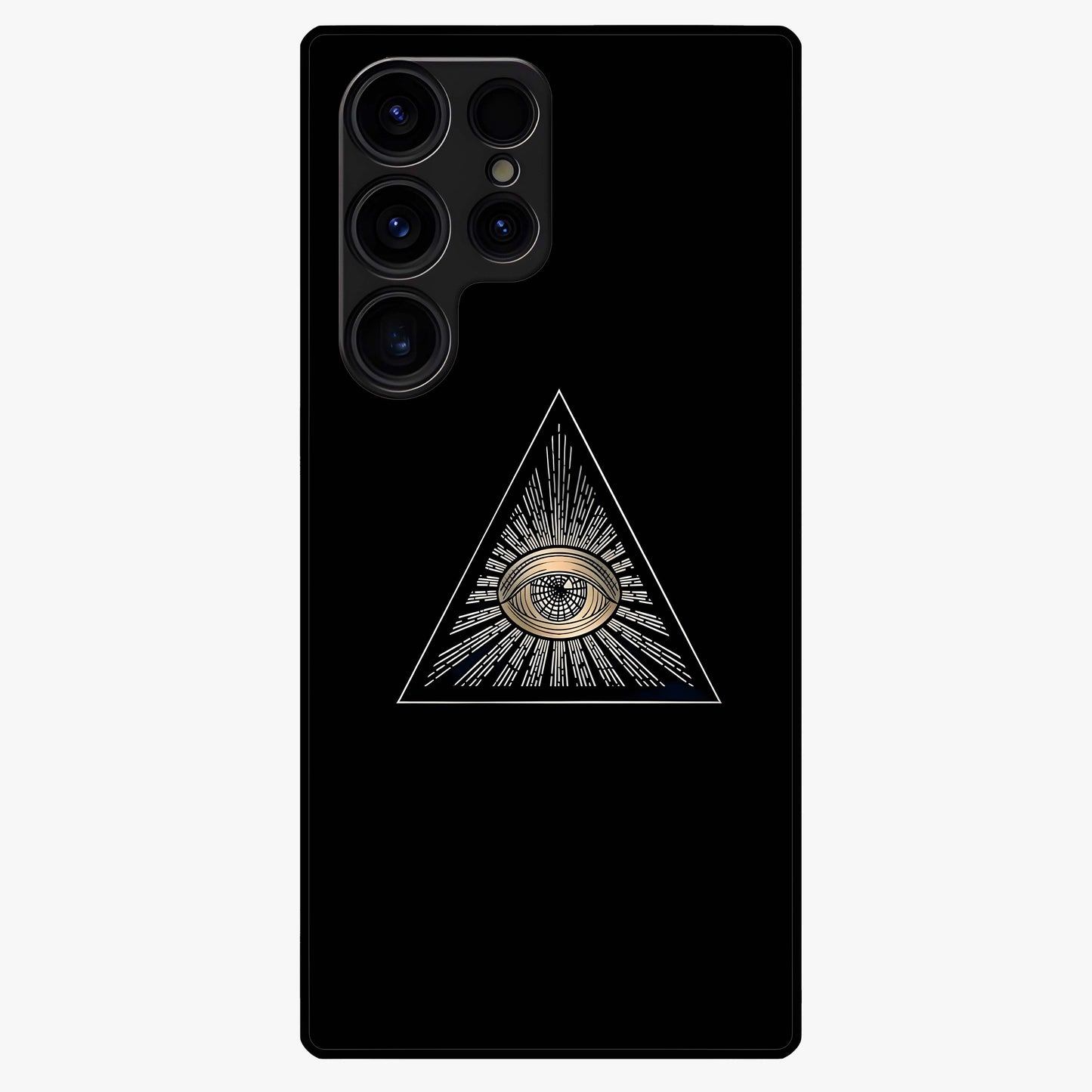 Illuminati Evil Glass Case showing flat back view with mysterious illuminati symbol artwork and glossy glass finish.