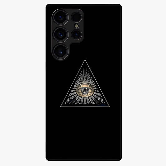 Illuminati Evil Glass Case showing flat back view with mysterious illuminati symbol artwork and glossy glass finish.