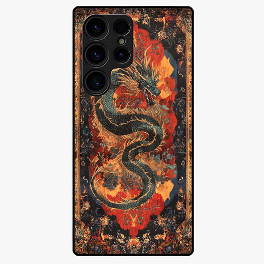 Inferno Dragon Soul Glass Case showing flat back view with fiery dragon artwork and glossy glass finish.