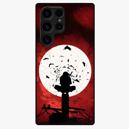 Itachi Sharingan Glass Case showing flat back view with powerful anime eye artwork and glossy glass finish.